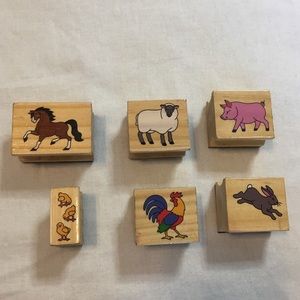 Set of 6 Barnyard Animals Wooden Rubber Stamps